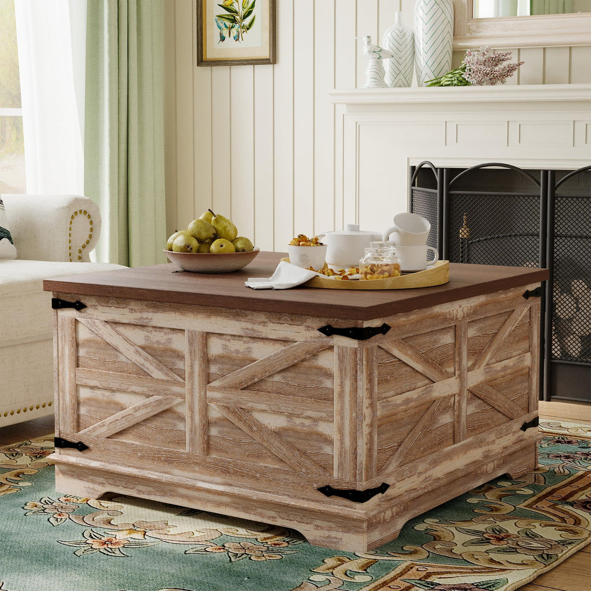 senlin Farmhouse Coffee Table, Heavy-Duty Coffee Table with Storage, Square Wood Center Table Set for Living Room with Pull Up Large Hidden Storage Compartment,Rustic Brown senlin