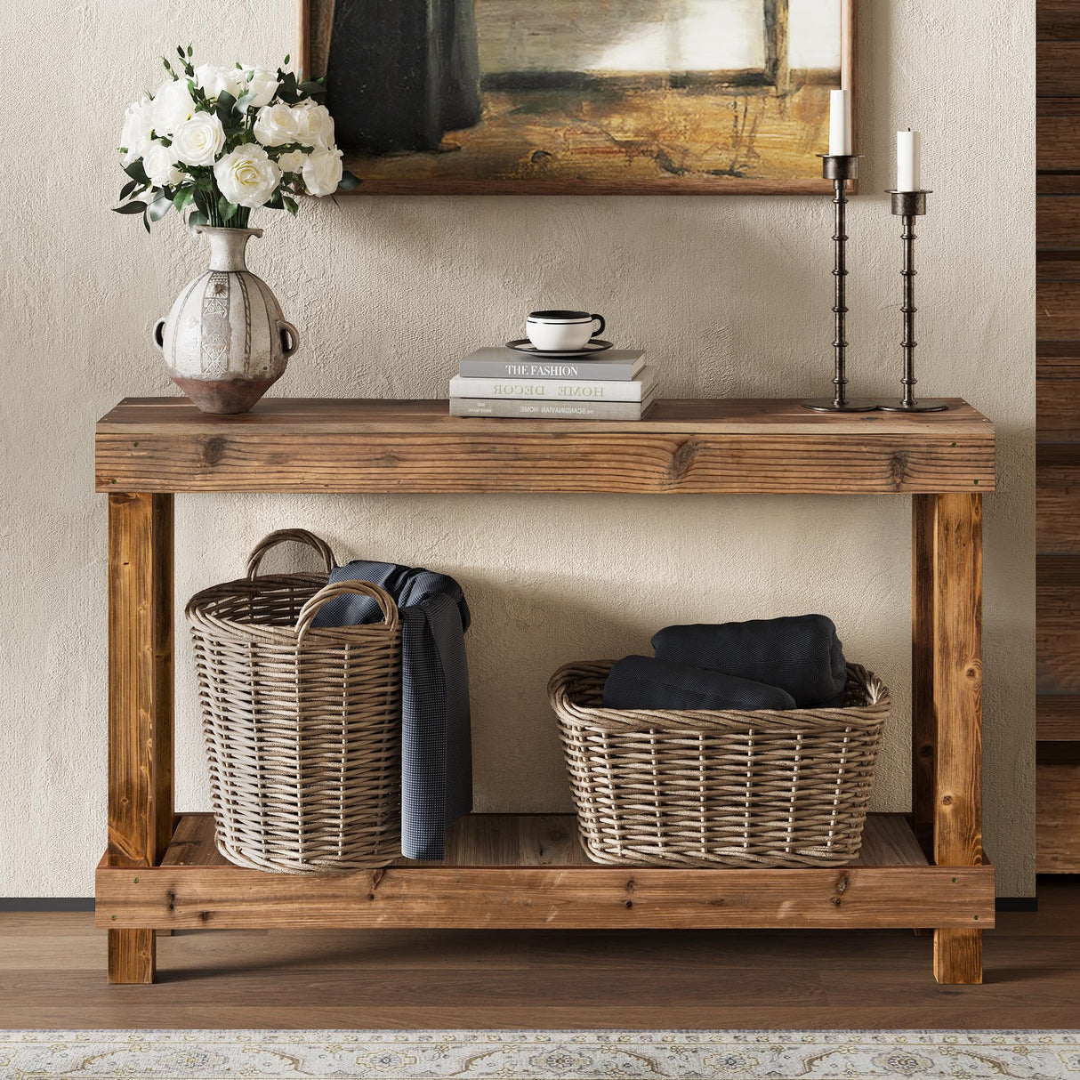 SMARTSTANDARD 46-Inch Long Console Table, Farmhouse Console Sofa Table, Solid Wood Entryway Table for Hallway, Living Room, Entrance, 2 Tiers, Easy Assembly, Natural Brown SMARTSTANDARD