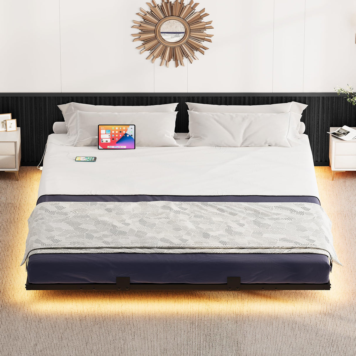 DWVO King Size Floating Bed Frame, LED Bed Frame with USB Port, King Metal Platform Bed with Heavy Duty Steel Slats, No Box Spring Needed, Easy Assembly, Black DWVO