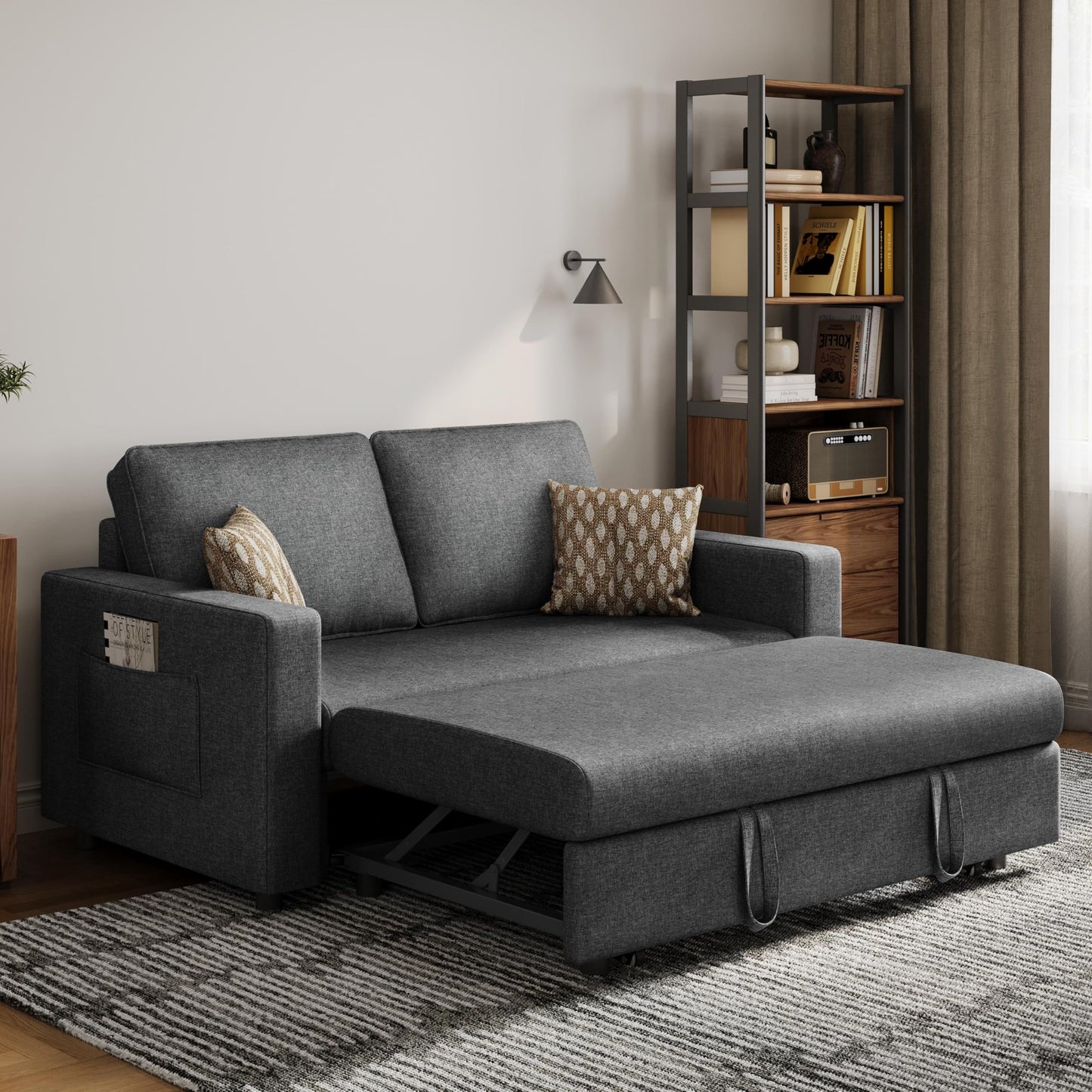 Yaheetech Convertible Sofa Bed Trundle Loveseat w/Pull-Out Trundle Bed Sleeper Sofa Convertible Couch for Limited Spaces Living Room Bedroom Guest Room Dark Gray 55.5 in