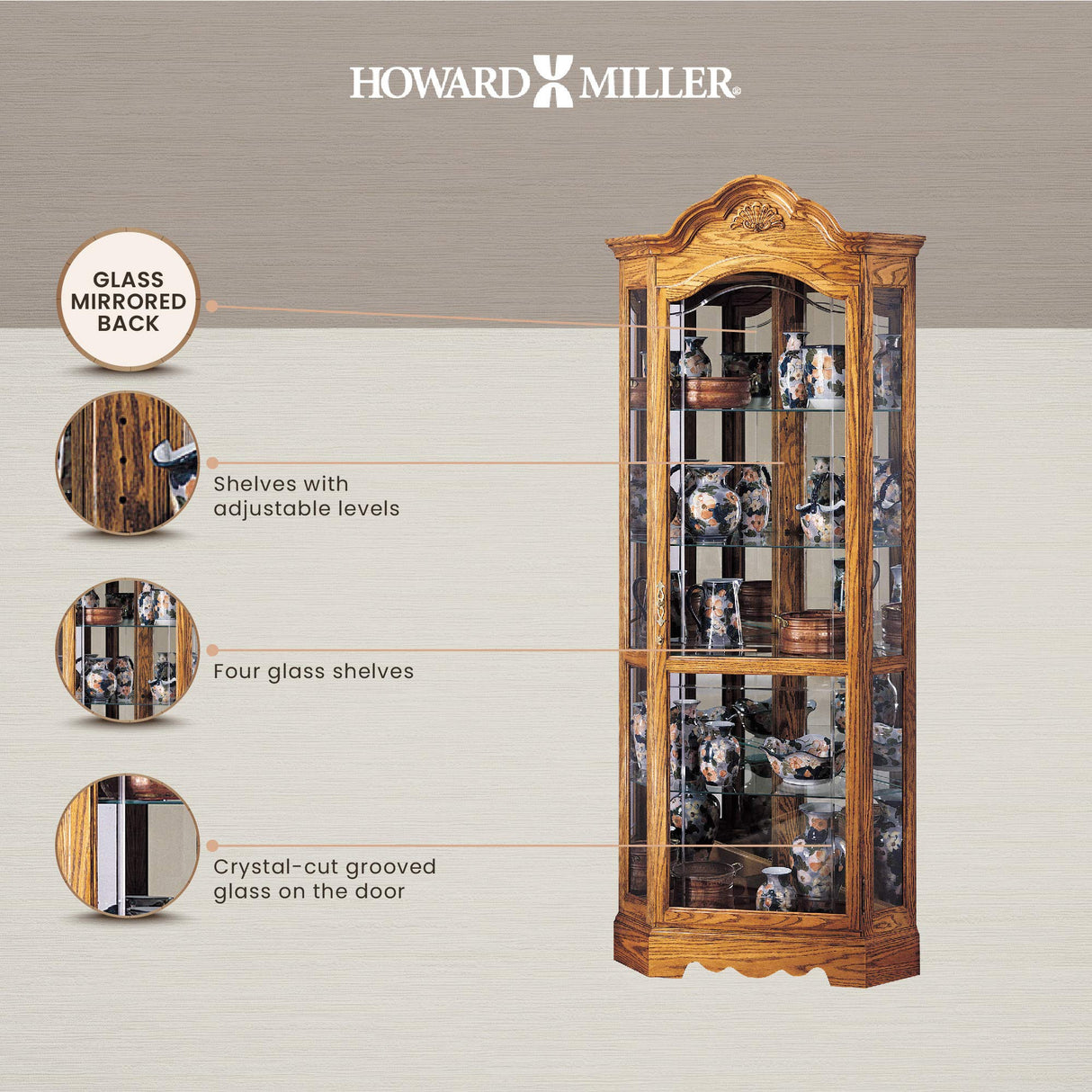 Howard Miller Wilshire Curio Cabinet, Golden Oak Finish with Lights Storage Cabinet - Adjustable Glass Shelves, Level Display Cases for Decorative Items, Collectibles, Living Room & Office Howard Miller