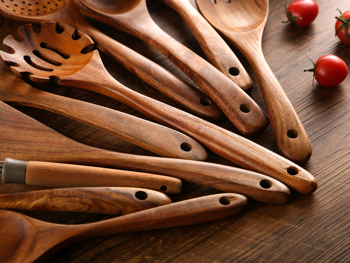 Wooden Spoons for Cooking, 10 Pcs Wooden Utensils for Cooking, NAYAHOSE Natural Teak Wood Spoons, Non-Stick Comfort Grip Kitchen Utensils Set NAYAHOSE
