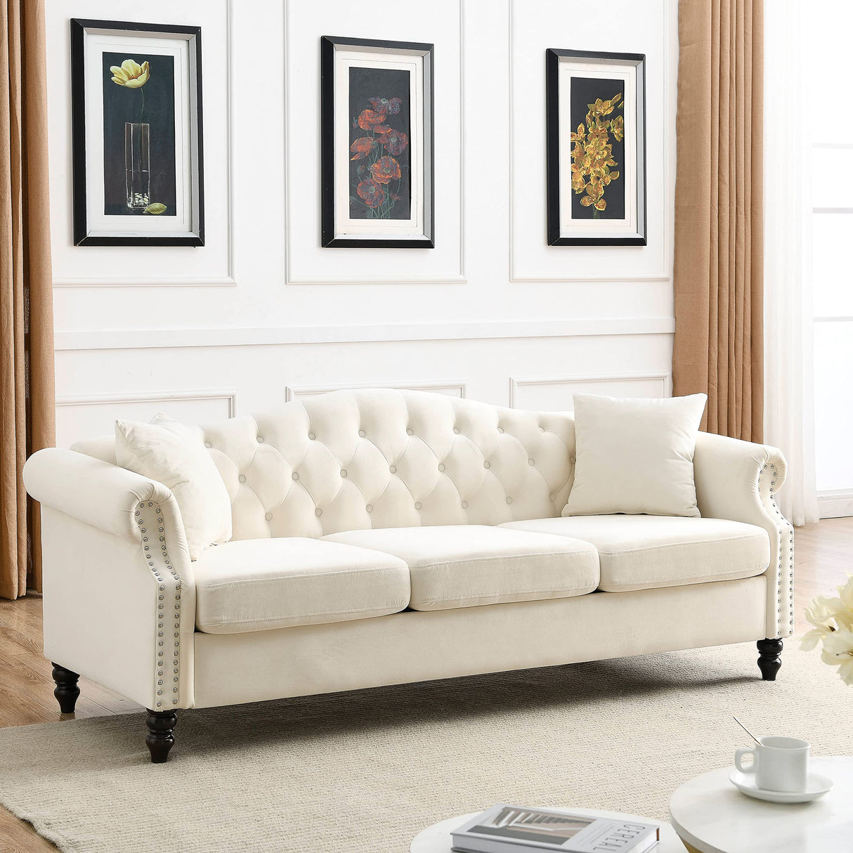 79" Velvet Chesterfield Sofa for Living Room,3 Seater Sofa Button Tufted Nailhead Trimming Curved Backrest Rolled Arms with Wood Legs with 2 Pillows,Bedroom,Office (Beige Velvet, 79*30*32") Fulocseny