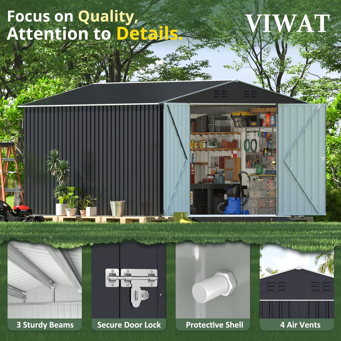 VIWAT 12x8 FT Outdoor Storage Shed, Large Garden Shed with Updated Frame Structure and Lockable Doors, Metal Tool Sheds for Backyard Garden Patio Lawn, Black - WoodArtSupply