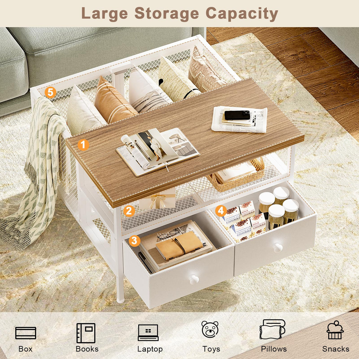 FABATO Flip Top Coffee Table, Square Coffee Tables Metal Wood, Farmhouse Lift Up Coffee Table Cocktail Table with Wire Mesh Barn Door and Storage, Steel Frame, Small Tea Table for Living Room, White FABATO