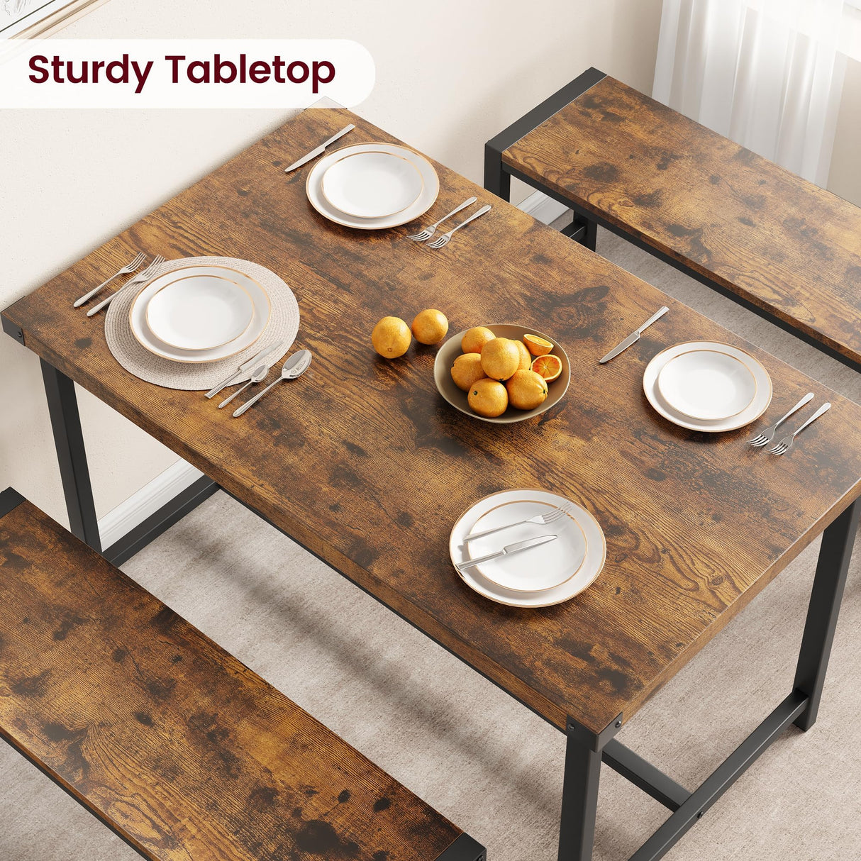 IDEALHOUSE Dining Table Set for 4, Kitchen Table with Benches, Rectangular Dining Room Table Set with 2 Metal Wood Benches, 3 Piece Dining Table Set for Small Space, Apartment, Dinette, Retro Brown IDEALHOUSE