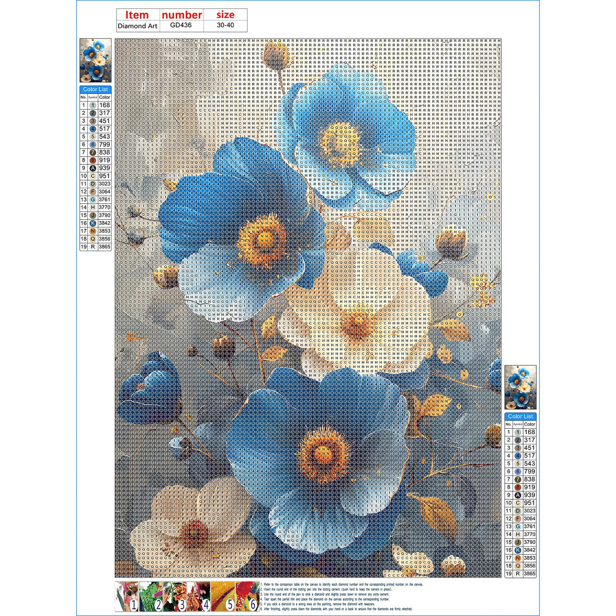 GDYEEH DIY 5D White and Blue Flowers Diamond Art Kits, Round Full Drill Poppies Diamond Painting Picture, Fantasy Painting by Numbers Art Kits for Adults Beginners Home Wall Decor 12x16 inch GDYEEH