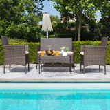 Greesum Patio Furniture 4 Pieces Conversation Sets Outdoor Wicker Rattan Chairs Garden Backyard Balcony Porch Poolside loveseat with Soft Cushion and Glass Table, Brown and Beige Greesum