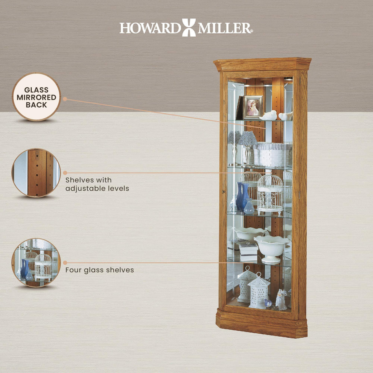 Howard Miller Hammond Curio Cabinet II, Freestanding Storage Cabinets Floor Mount, Pad Lock Metal Shelf with Golden Finish for Decorative Items, Collectibles, Living Room & Office Howard Miller