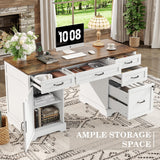 Alohappy 55'' Farmhouse Executive Desk, Home Office Desk with Drawers, Wood Computert Desk with File Cabinet and Power Outlets, White Alohappy