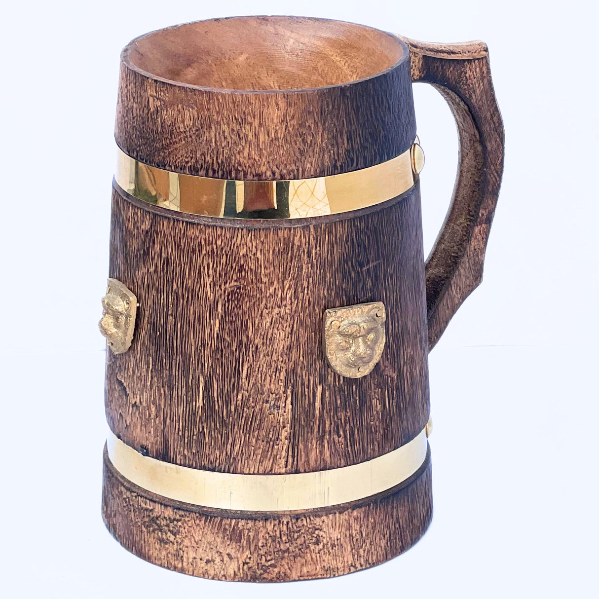 collectiblesBuy Handmade Wooden Beer Mug Stein Brass Barrel Design With Embossed Metal Lion Wood Tankard Beverages Vintage Style Medieval Inspired Kitchen & Bar Accessories collectiblesBuy