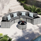 UDPATIO Patio Furniture Set,Fully Assembled Outdoor Sectional Sofa，Half-Moon Curved Modular 7 Pieces Heavy Duty Wicker Furniture Set with Round Coffee Table, for Porch,Backyard,Grey UDPATIO