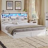 busyaeh Farmhouse Bed Frame Queen Size with Storage Bookcase Headboard, Wooden Queen Bed Frame with Charging Station & Led Light, Rustic Platform Bed Frame with Sliding Barn Door, No Box Spring Needed busyaeh