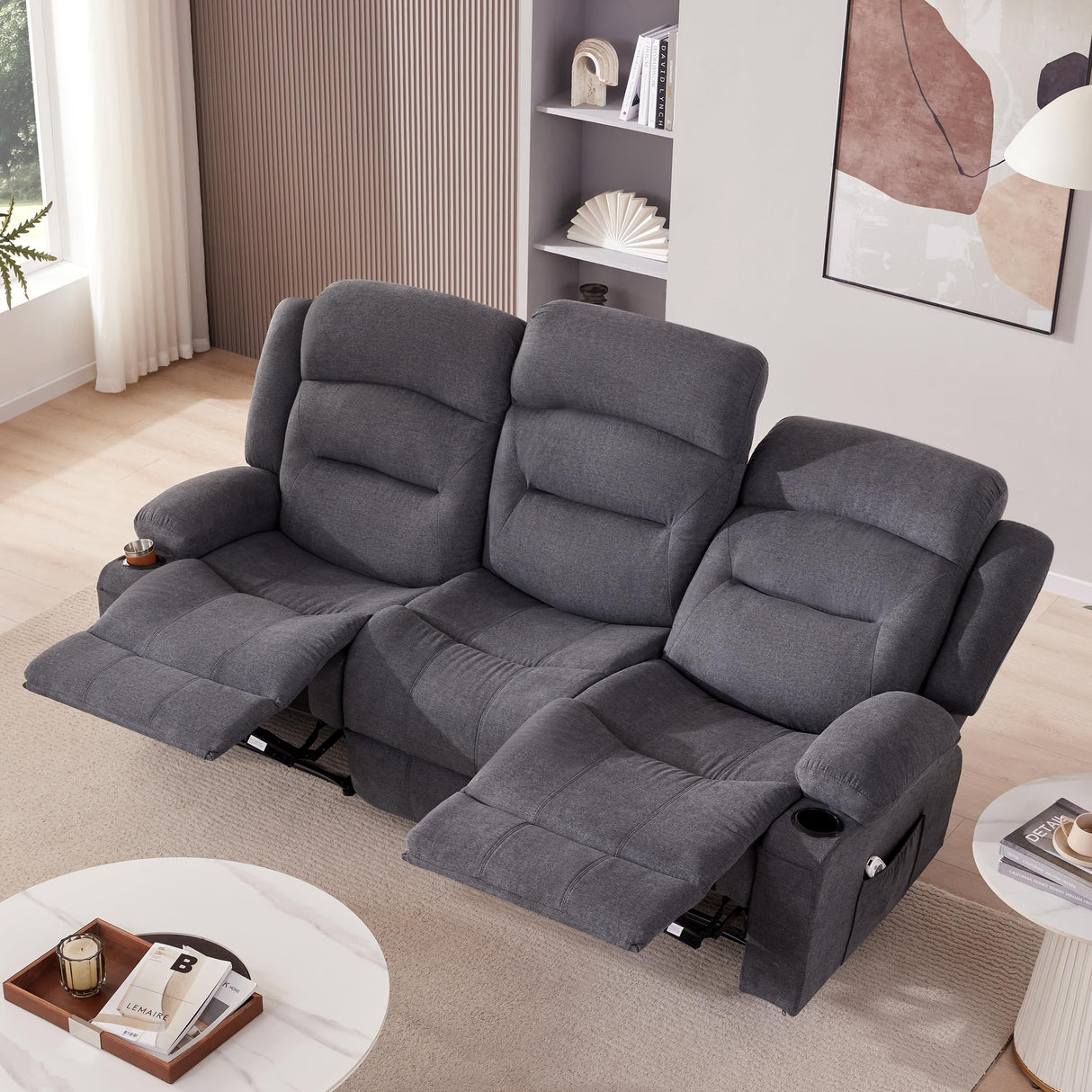 Reedvales Oversized Recliner Sofa with Heat and Massage, Big Large 3-Seater RV Recliner Couch Sofa for Living Room, Wall-Hugger Reclining Sofa with Cup Holders and USB Port (Fabric, Grey) Reedvales