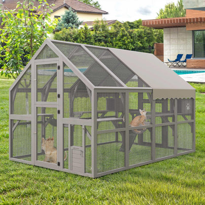 DWVO Extra Large Catio Outdoor Cat Enclosure, 110 inch Outside Cattery with Weatherproof Roof, Cat Scratcher Ramp, Cat Space Capsule Bed, 2 Bridges, 2 Resting Houses, 7 Platforms - WoodArtSupply