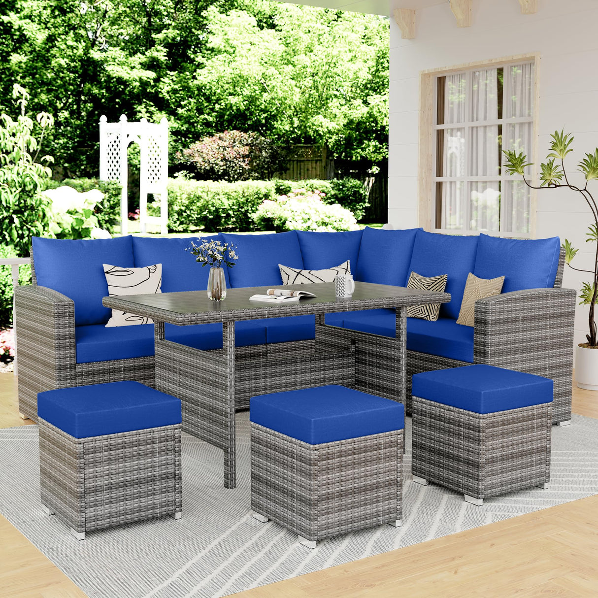 IDEALHOUSE 9 Seat Outdoor Patio Furniture Set - 7-Piece PE Rattan Outdoor Dining Set with Dining Table and Ottomans, Patio Table and Chairs Set Outdoor Furniture Set for Garden Poolside Backyard IDEALHOUSE