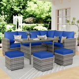 IDEALHOUSE 9 Seat Outdoor Patio Furniture Set - 7-Piece PE Rattan Outdoor Dining Set with Dining Table and Ottomans, Patio Table and Chairs Set Outdoor Furniture Set for Garden Poolside Backyard IDEALHOUSE