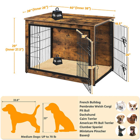 Yaheetech 40'' Dog Crate Furniture with Cushion Wooden Dog Crate with Double Doors/Adjustable Feet Side End Table for Small/Medium Dogs Yaheetech