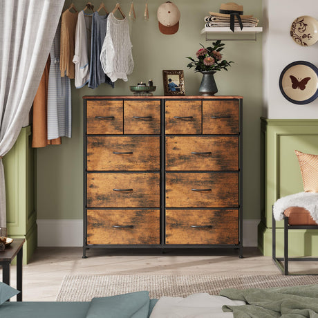 WLIVE Fabric Dresser for Bedroom, Storage Drawer Unit,Dresser with 10 Deep Drawers for Office, College Dorm, Black and Rustic Brown WLIVE