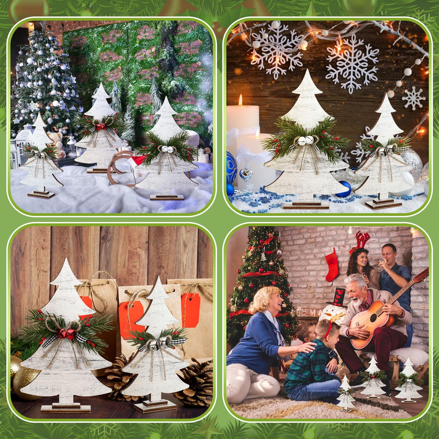 Huwena 3 Pcs Christmas Wooden Table Sign Tabletop Christmas Tree Shaped Decorations Handmade Rustic Decorative Trees with Pine Needle Berry Rope Bow Neutral Christmas Decor for Xmas Home Office Mantel