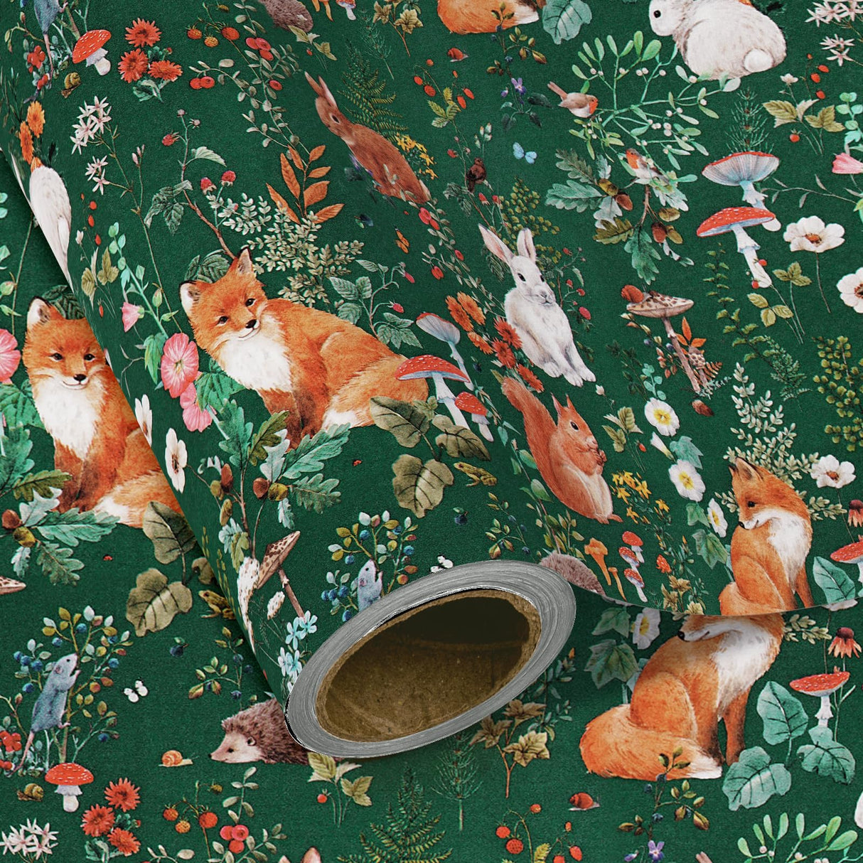WRAPAHOLIC Kraft Forest Animal Christmas Wrapping Paper - Mini Roll - 17 Inch x 16.5 Feet - Forest Animals Fox Wrapping Paper with Flowers Design for Christmas Holiday, Party Celebration WRAPAHOLIC