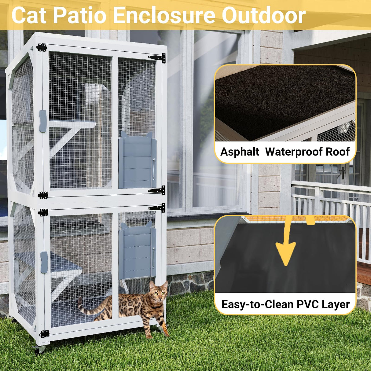 Yafylly Catio Outdoor Cat Enclosure, Cat Condo for Patio, Wooden Movable Cats Cage with 4 Wheels, Outside Cats House Weatherproof, Cats Condo Outdoor with 3 Platforms Yafylly