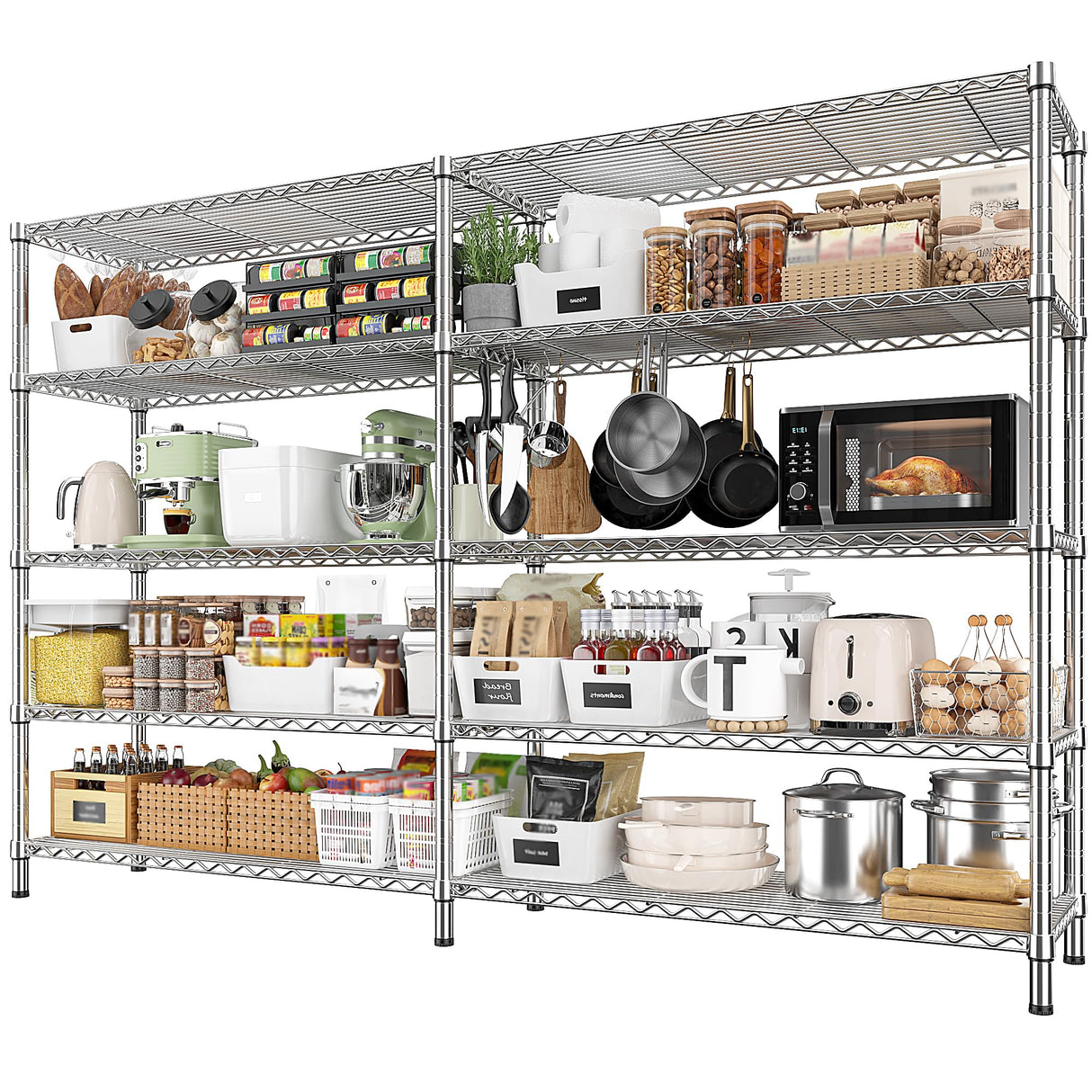 REIBII 69.8" W Storage Shelves 1510LBS Wire Shelving Unit 5 Tier Metal Shelving for Storage Rack Shelves Adjustable Heavy Duty Garage Shelf Pantry Shelves Kitchen Shelving,69.8"Wx15.8"Dx72.4"H,Chrome REIBII
