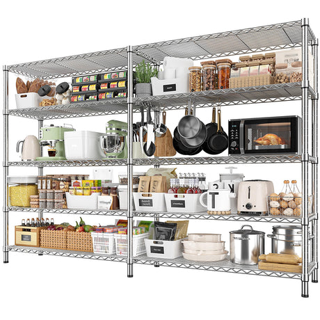 REIBII 69.8" W Storage Shelves 1510LBS Wire Shelving Unit 5 Tier Metal Shelving for Storage Rack Shelves Adjustable Heavy Duty Garage Shelf Pantry Shelves Kitchen Shelving,69.8"Wx15.8"Dx72.4"H,Chrome REIBII