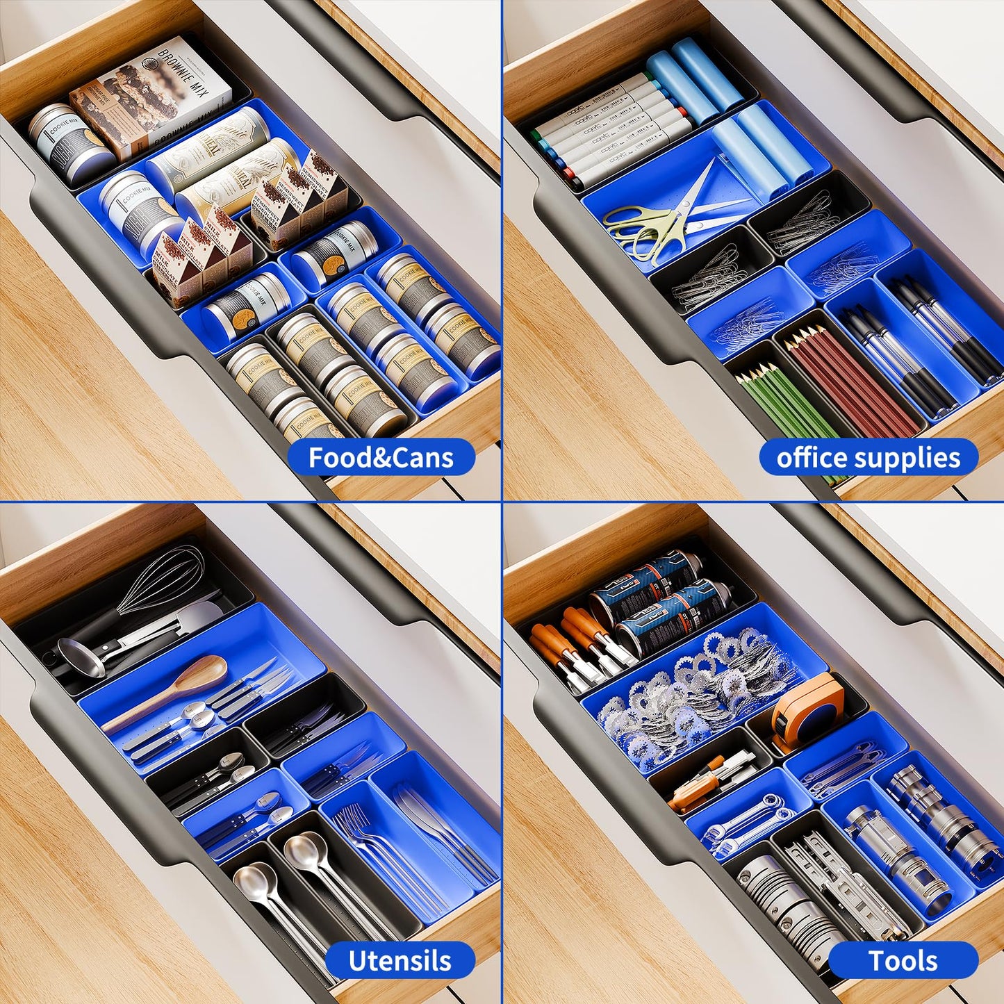 [5 Sizes] [69 PCS] Tool Drawer Organizer, Tool Box Organizer Tray, Desk Drawer Organizer Tray, Rolling Tool Chest Organizer, Toolbox Organizer (Black+Blue)