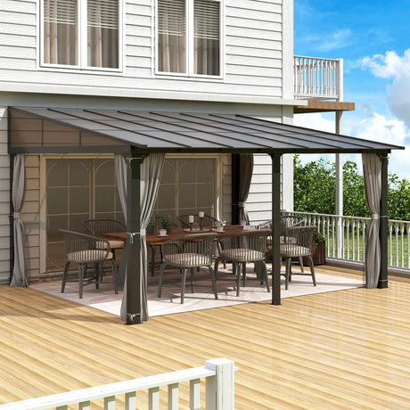 Raysfung 12x14FT Outdoor Wall-Mounted Hardtop Gazebo, Aluminum Frame Lean to Gazebo with Polycarbonate Roof and Curtains for Patio, Garden, Deck Raysfung