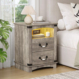 Maupvit Farmhouse Night Stand with Charger Station & Ceramic Handle, Wood Nightstand with 2 Storage Drawers, LED Bedroom Nightstand, Bedside Tables, Grey Maupvit