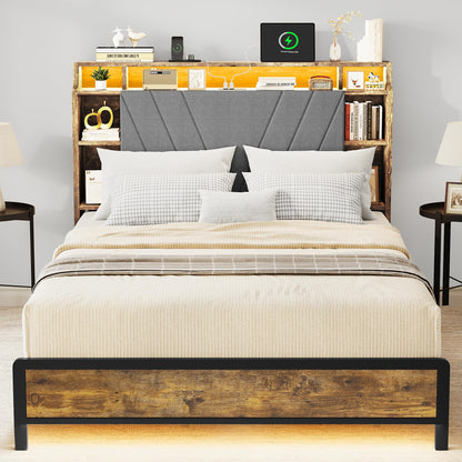 YITAHOME Upholstered Queen Bed Frame with Storage Headboard, LED Lights & Charging Station - Brown - WoodArtSupply