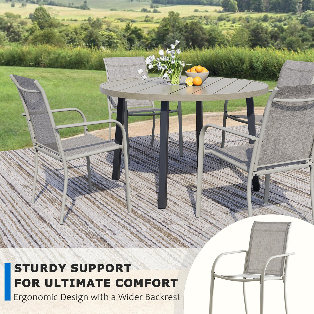 Seekverse 5-Piece Outdoor Dining Set, Round Metal Table with 4 Grey Chairs, Teak Patio Table with Umbrella Hole for Garden, Yard, Patio Seekverse