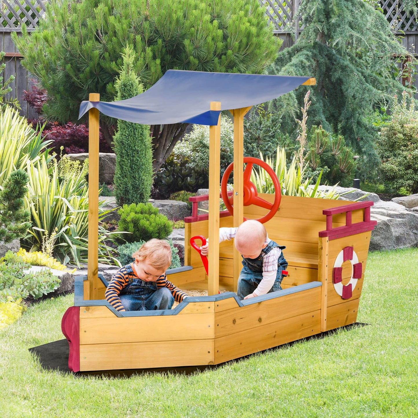 Outsunny Pirate Ship Sandbox with Cover and Rudder, Wooden Sandbox with Storage Bench and Seat, Outdoor Toy for Kids Ages 3-8 Years Old