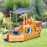 Outsunny Pirate Ship Sandbox with Cover and Rudder, Wooden Sandbox with Storage Bench and Seat, Outdoor Toy for Kids Ages 3-8 Years Old Outsunny