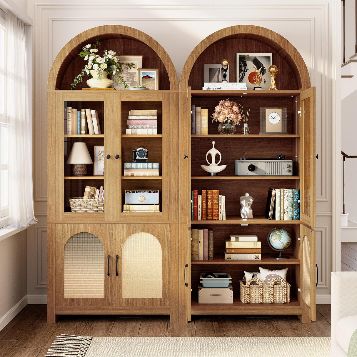 IRONCK Arched Bookshelf with Glass Door, 75" Tall Bookcase with LED, 6 Tier Storage Cabinet with Rattan Door, Large Pantry Cabinet for Living Room Kitchen Office IRONCK