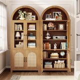 IRONCK Arched Bookshelf with Glass Door, 75" Tall Bookcase with LED, 6 Tier Storage Cabinet with Rattan Door, Large Pantry Cabinet for Living Room Kitchen Office IRONCK