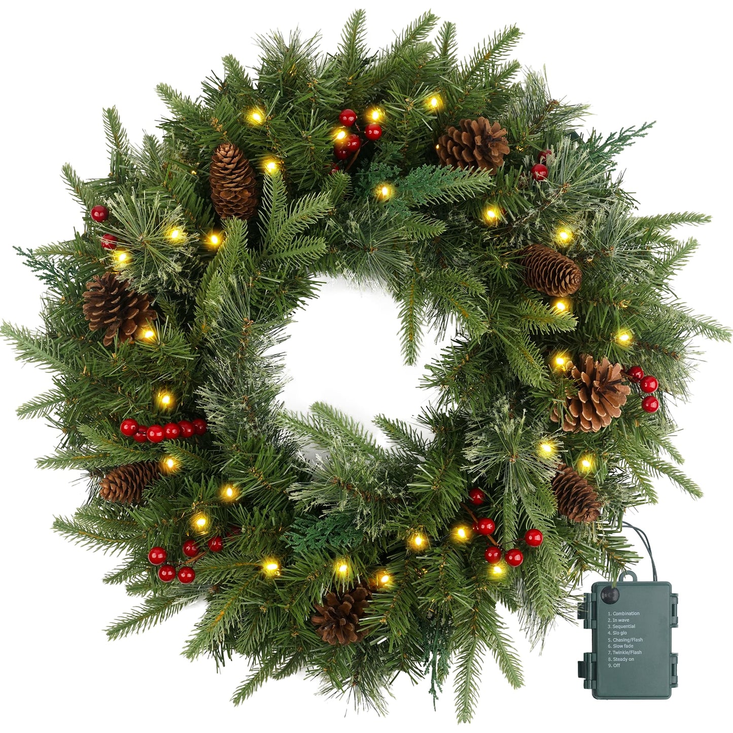 Christmas Wreath Pre-lit 24 inch with 50 Light & Pine Cone, Artificial Christmas Wreaths for Front Door with Lights, Wreath for Christmas Decoration Door Windows Wall Green