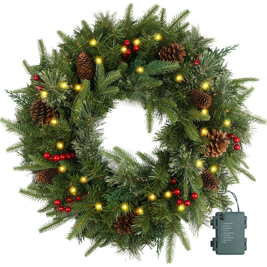 Christmas Wreath Pre-lit 24 inch with 50 Light & Pine Cone, Artificial Christmas Wreaths for Front Door with Lights, Wreath for Christmas Decoration Door Windows Wall Green