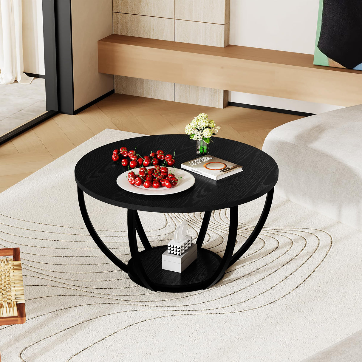 HOMERECOMMEND Round Coffee Table,Wooden 2-Tier Circle Coffee Tables with Storage Shelves,Accent Center Table for Living Room, Sofa Table for Home Office, Black HOMERECOMMEND