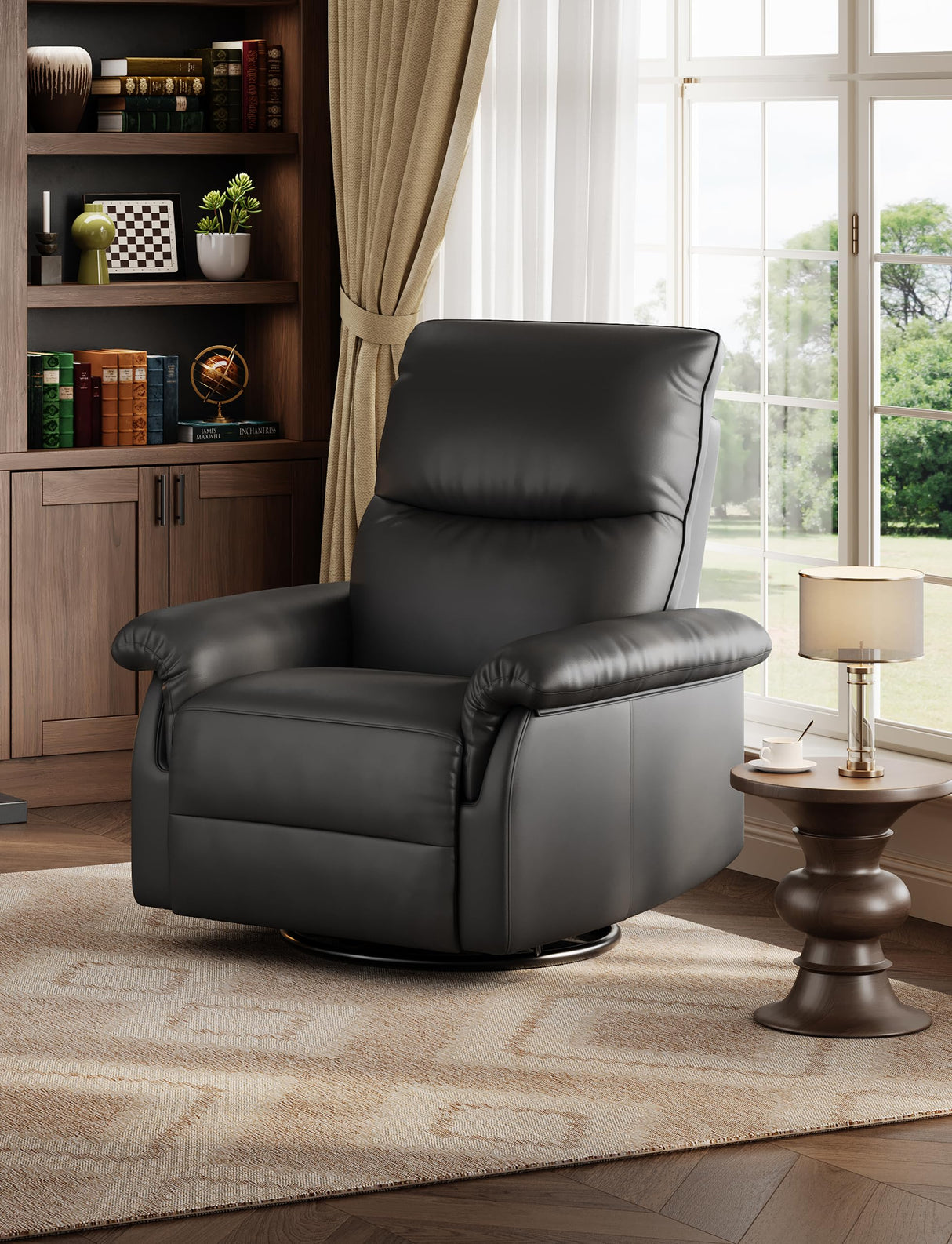 IDEALHOUSE Manual Recliner Chair, 360° Swivel Rocker Glider Recliner with Padded Armrests, Modern PU Leather Upholstered Reclining Chair for Living Room Bedroom and Nursery (Black) IDEALHOUSE