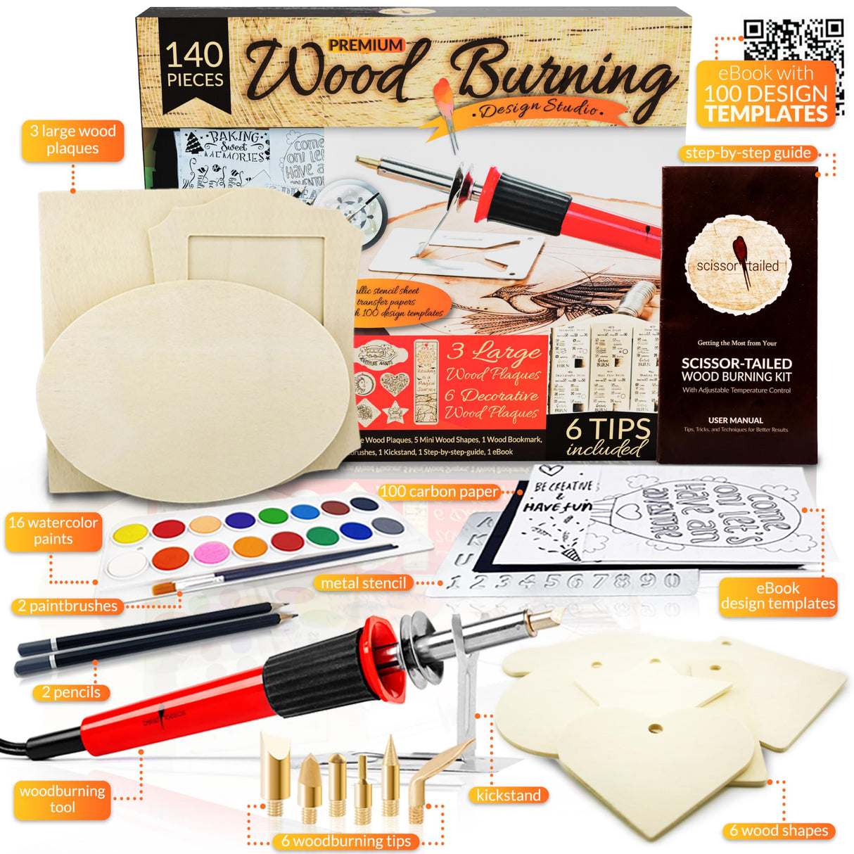 Scissor-Tailed Beginners Wood Burning Kit 140 Pieces. Best Gift Idea for Art & Craft Kit Lovers. Woodburning DIY Hobby Kits with 9 Large Wooden Plaques to Make Unique Wood Burning Projects Scissor-Tailed