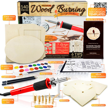 Scissor-Tailed Beginners Wood Burning Kit 140 Pieces. Best Gift Idea for Art & Craft Kit Lovers. Woodburning DIY Hobby Kits with 9 Large Wooden Plaques to Make Unique Wood Burning Projects Scissor-Tailed