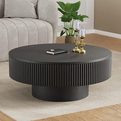 YOUDENOVA 31.5” Round Fluted Coffee Table, Modern Wood Circle Coffee Table, Veneer Handcrafted Relief Tea Table with Sturdy Pedestal for Living Room，Easy Assembly - Black