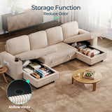 LINSY HOME Sectional Sleeper Sofa with Pull Out Couch Bed - Convertible Plush Corduroy Cloud Couch with Storage Chaise & USB Charging, Comfy U Shaped Modular Couches for Living Room, Beige LINSY HOME