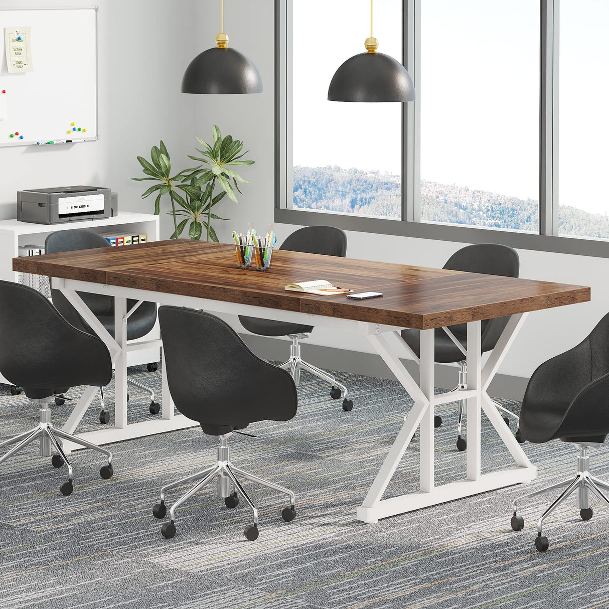 Tribesigns 6FT Conference Table, 70.86 L x 31.49 W x 29.52 H Inches Rectangle Meeting Room Table, Rustic Wood Seminar Table Executive Desk for Office, Conference Room(Brown/White) Tribesigns