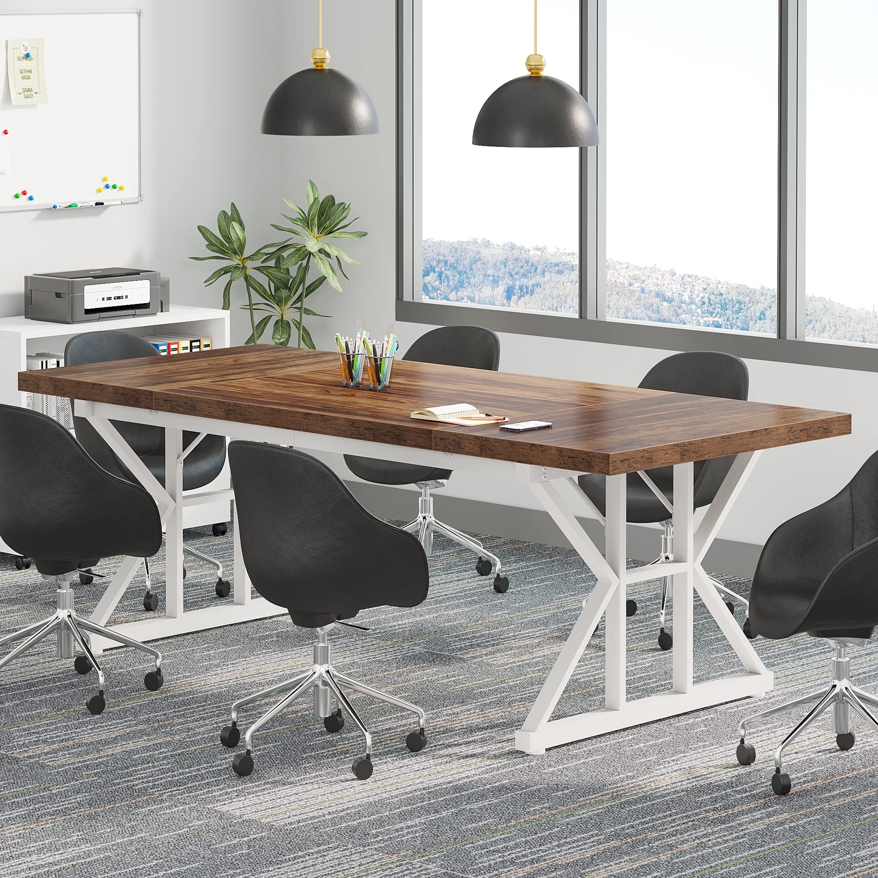 Tribesigns 6FT Conference Table, 70.86 L x 31.49 W x 29.52 H Inches Rectangle Meeting Room Table, Rustic Wood Seminar Table Executive Desk for Office, Conference Room(Brown/White) - WoodArtSupply