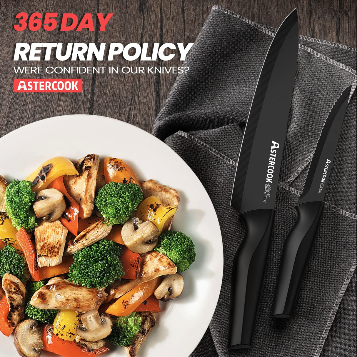 Knife Set, Astercook 21 Pieces Knife Sets for Kitchen with Block, Dishwasher Safe Kitchen Knife Set with Built-in Sharpener, German Stainless Steel Black Knife Block Set Astercook