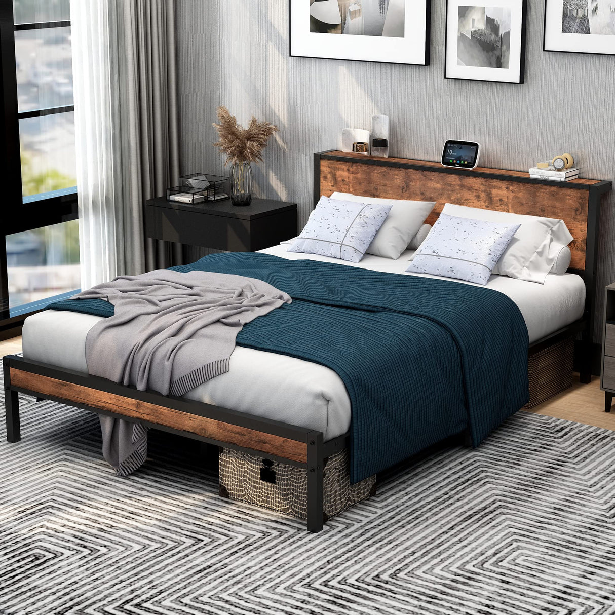 DUMEE Queen Size Bed Frame with Wood Storage Headboard - Metal Platform Design, No Box Spring Needed, Noise-Free, Black & Rustic Brown DUMEE