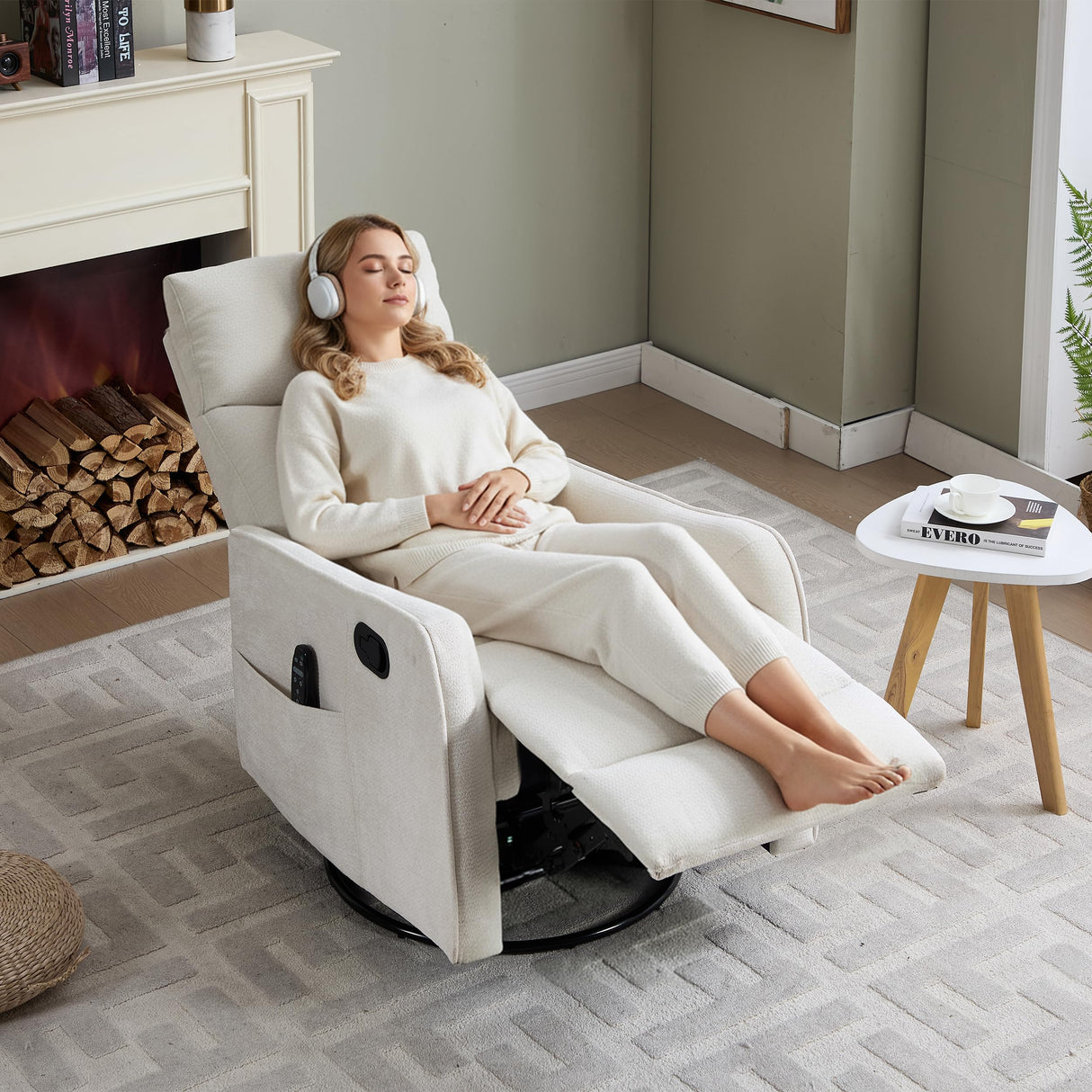 PELUMY Recliner Chair Swivel Rocking with Heat Massage - 360° Manual Recliner, 8-Point Vibrating & Lumbar Heat, Easy Assembly Chair for Living Room (Chenille, Beige) PELUMY